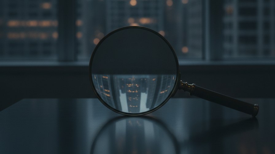 A magnifying glass on a dark desk reflecting office towers at dusk
