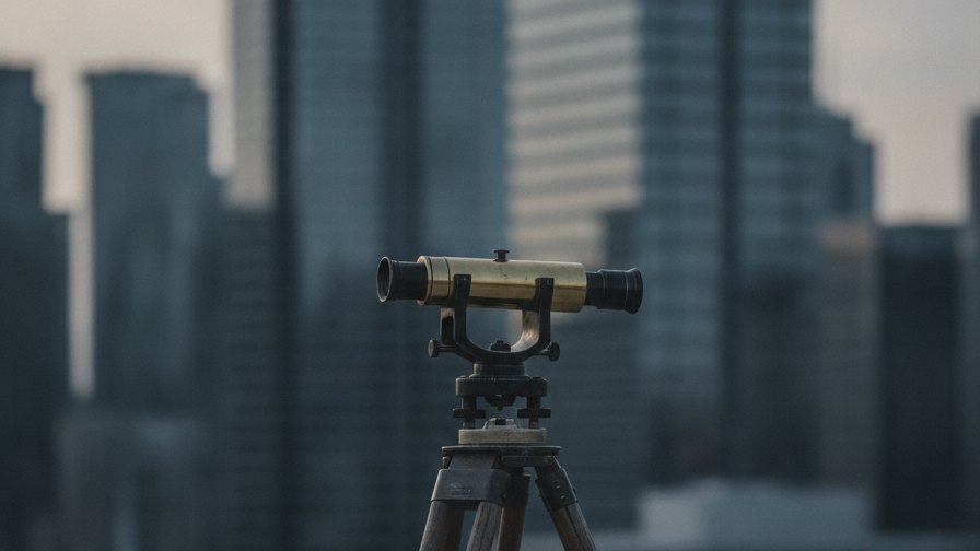 A brass surveyor's level on a tripod aimed at blurred office towers